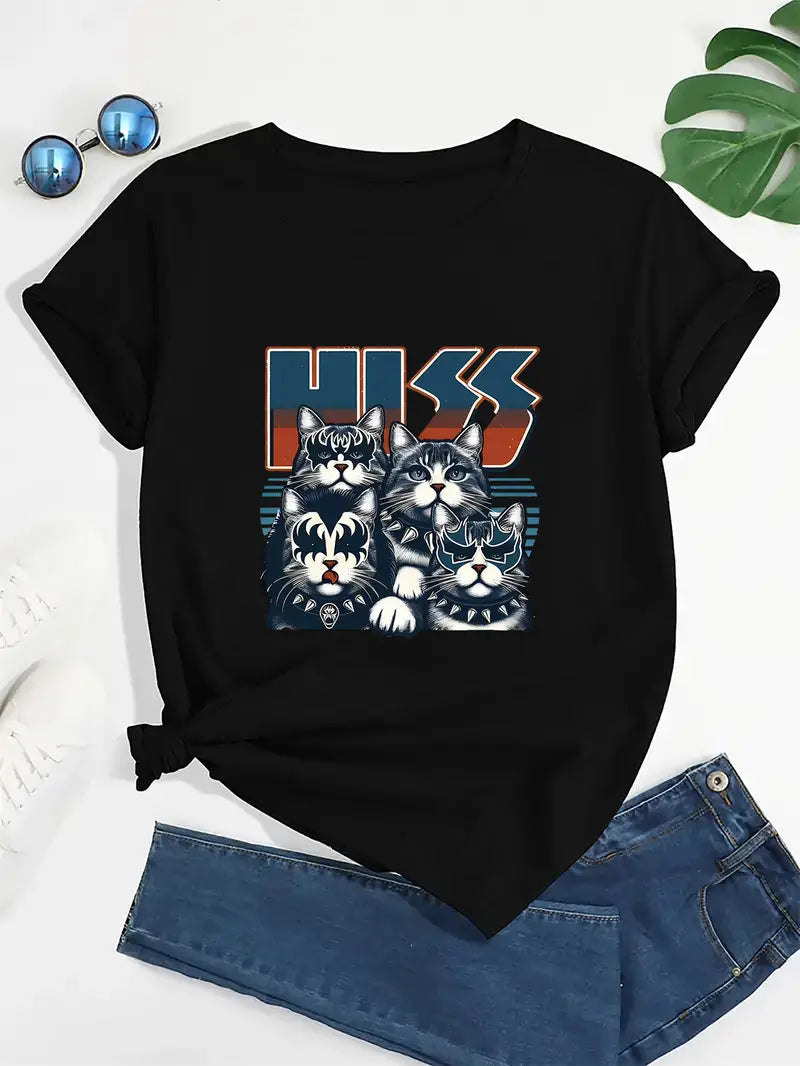 T-shirt décontracté à col rond pour femme avec imprimé chat HISS