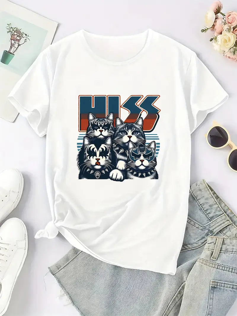 T-shirt décontracté à col rond pour femme avec imprimé chat HISS