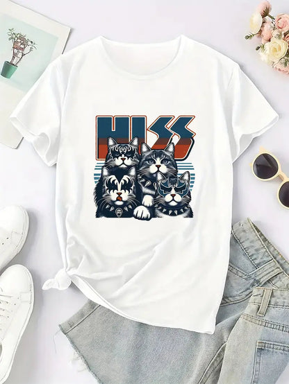 T-shirt décontracté à col rond pour femme avec imprimé chat HISS