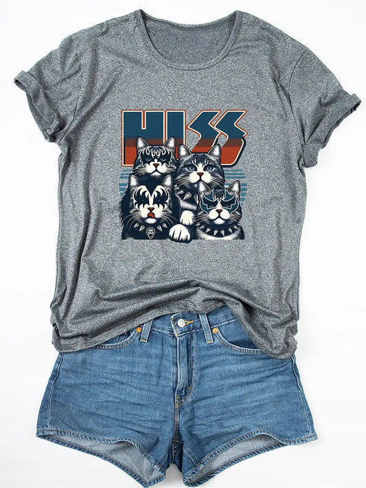 T-shirt décontracté à col rond pour femme avec imprimé chat HISS